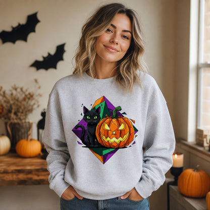 Black cat and jack-o-lantern low poly Halloween art printed on a crewneck sweatshirt, worn by a model
