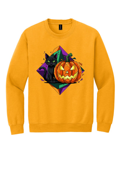 Black cat and jack-o-lantern low poly Halloween art printed on a crewneck sweatshirt in Gold
