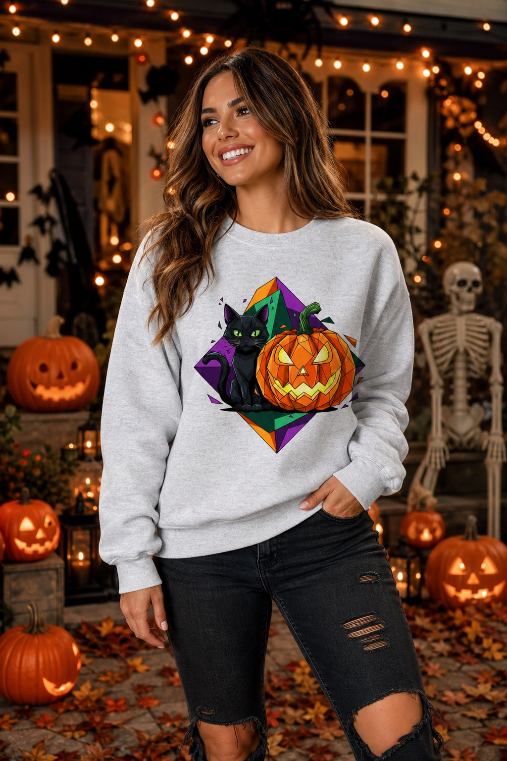 Black cat and jack-o-lantern low poly Halloween art printed on a crewneck sweatshirt, worn by a model
