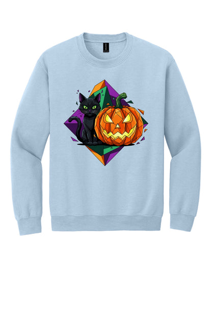 Black cat and jack-o-lantern low poly Halloween art printed on a crewneck sweatshirt in Light Blue