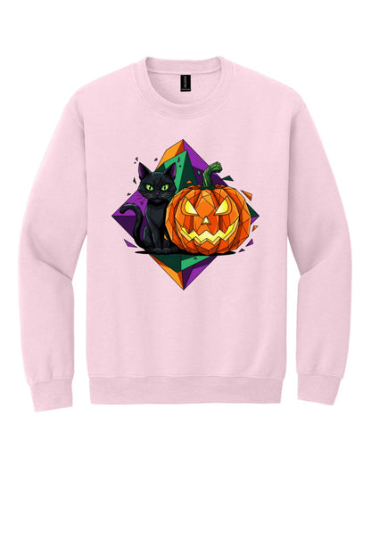 Black cat and jack-o-lantern low poly Halloween art printed on a crewneck sweatshirt in Light Pink