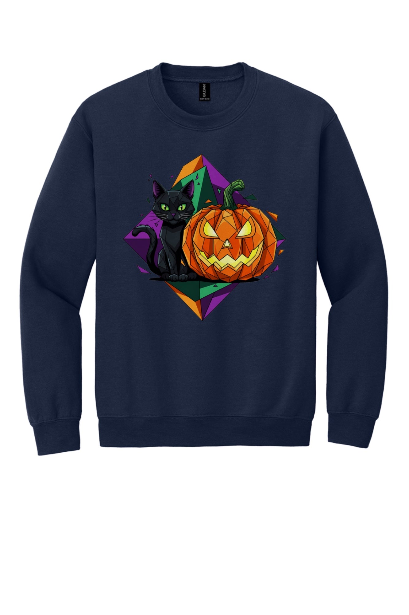 Black cat and jack-o-lantern low poly Halloween art printed on a crewneck sweatshirt in Navy