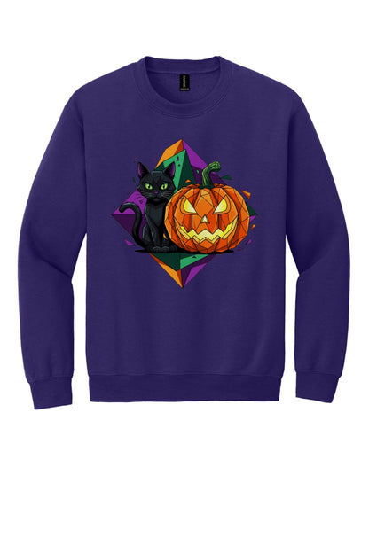 Black cat and jack-o-lantern low poly Halloween art printed on a crewneck sweatshirt in Purple