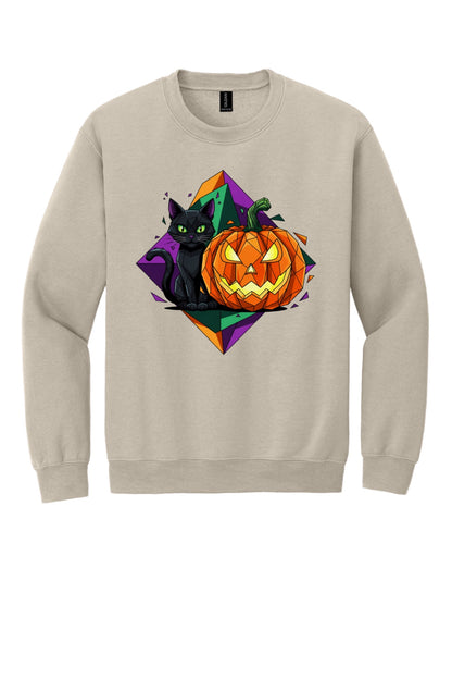 Black cat and jack-o-lantern low poly Halloween art printed on a crewneck sweatshirt in Sand