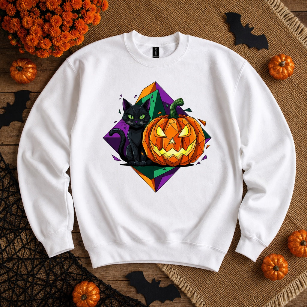 Black cat and jack-o-lantern low poly Halloween art printed on a crewneck sweatshirt, styled flat lay, no model