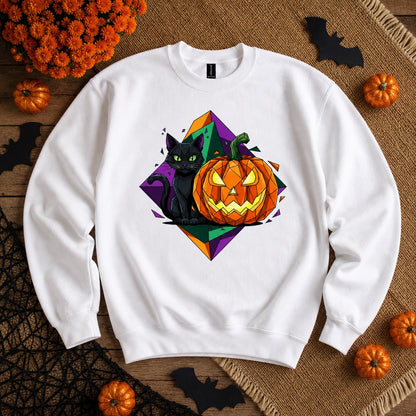 Black cat and jack-o-lantern low poly Halloween art printed on a crewneck sweatshirt, styled flat lay, no model