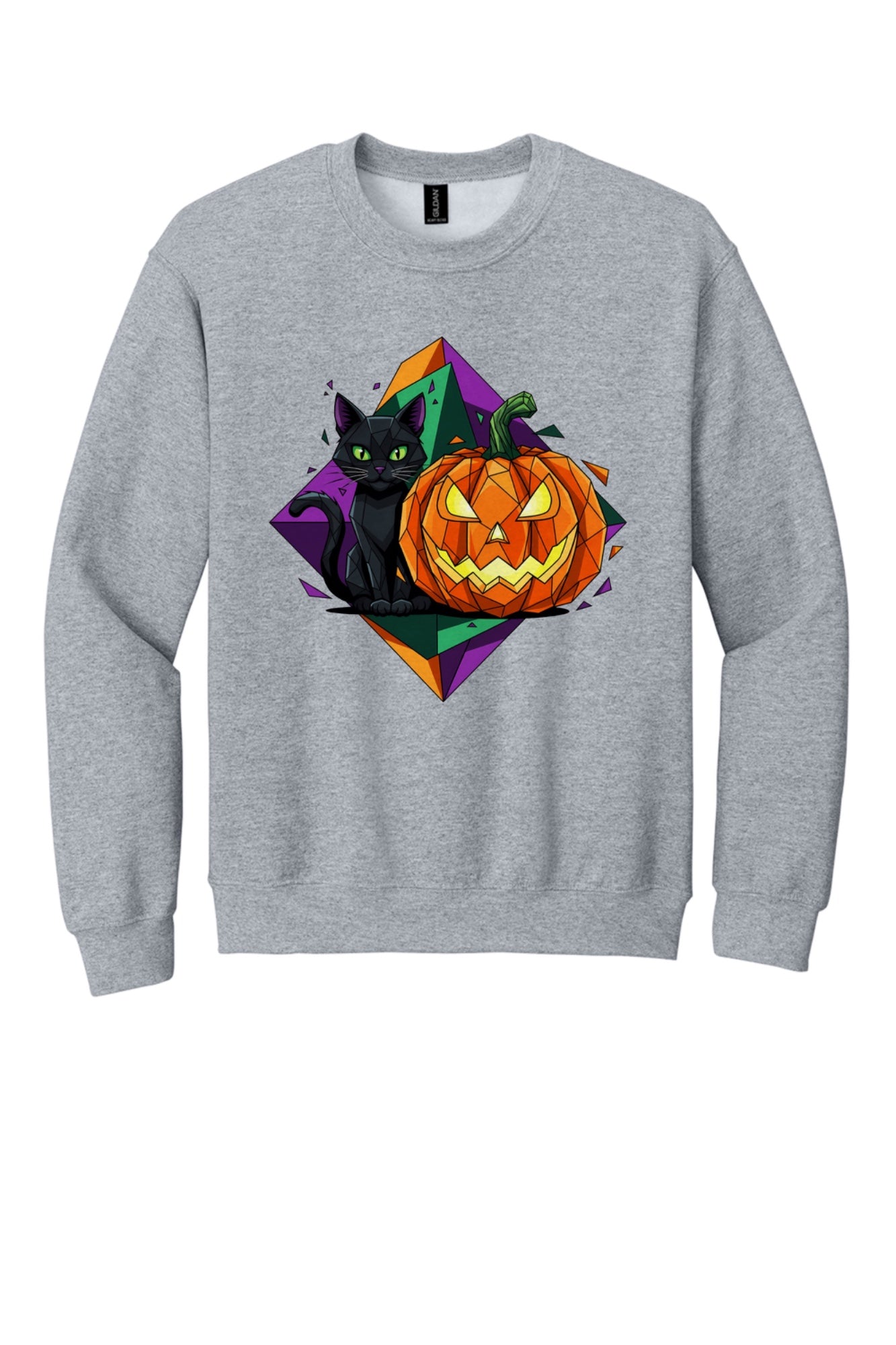 Black cat and jack-o-lantern low poly Halloween art printed on a crewneck sweatshirt in Sport Grey