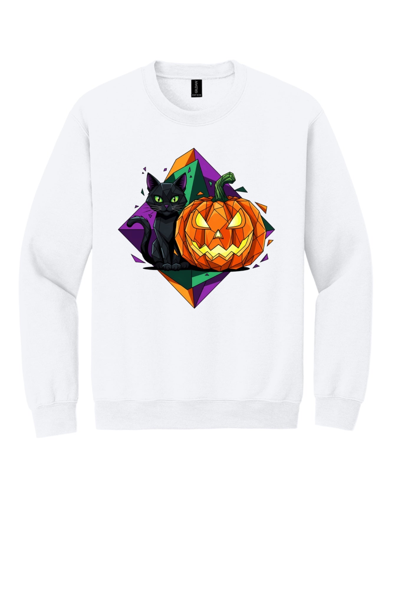 Black cat and jack-o-lantern low poly Halloween art printed on a crewneck sweatshirt in White
