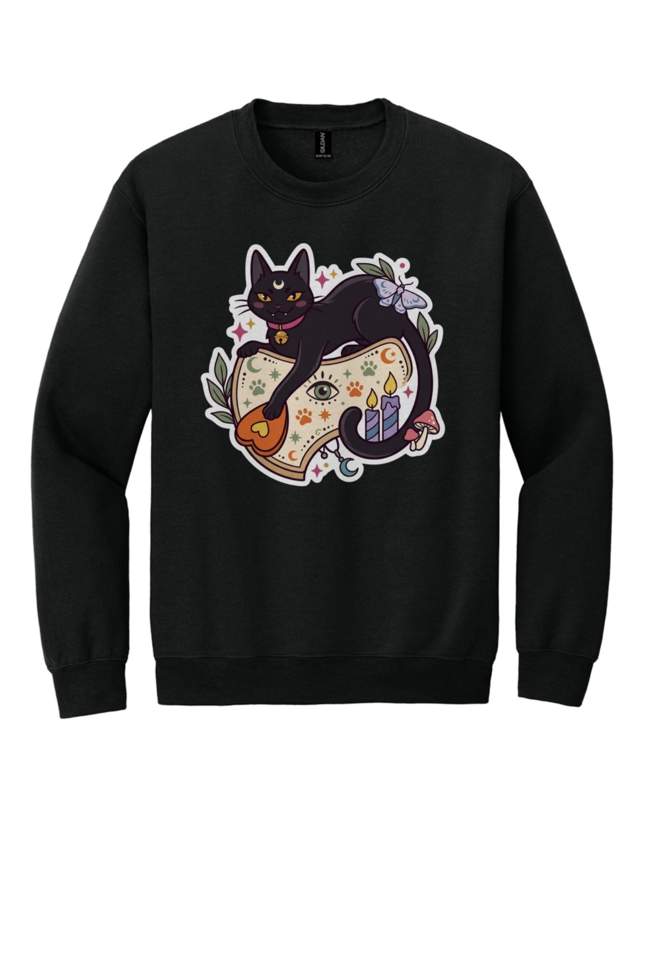 Black cat witch familiar ouija planchette Halloween crewneck sweatshirt with candles moth and moon in Black