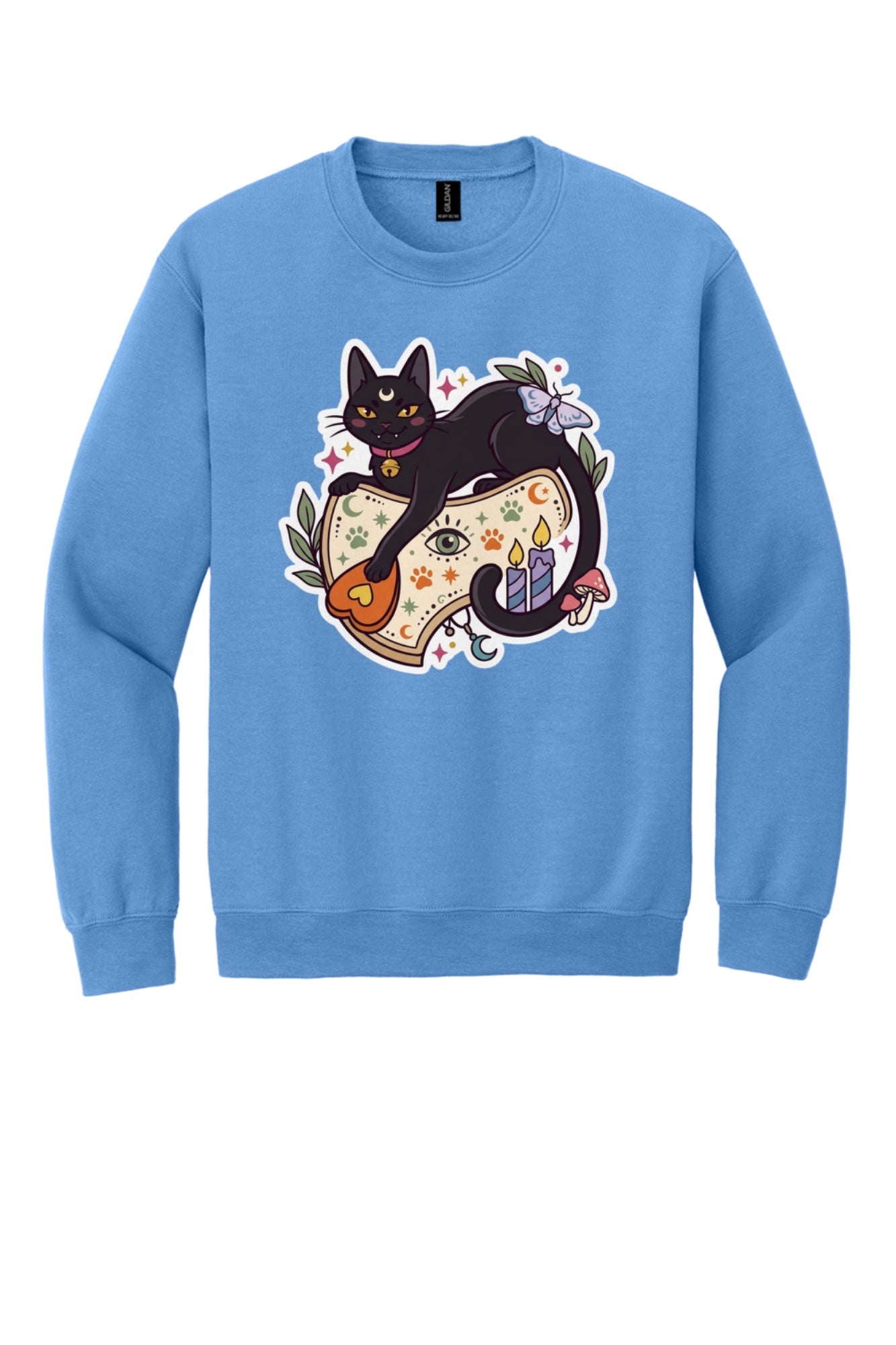 Black cat witch familiar ouija planchette Halloween crewneck sweatshirt with candles moth and moon in Carolina Blue
