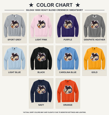 Black cat witch familiar ouija planchette Halloween crewneck sweatshirt with candles moth and moon - available shirt colors chart