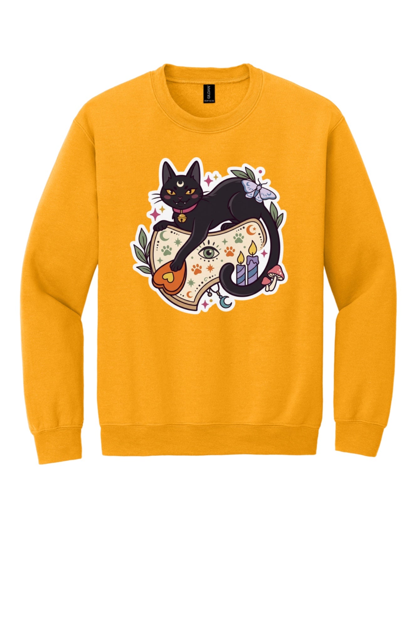 Black cat witch familiar ouija planchette Halloween crewneck sweatshirt with candles moth and moon in Gold