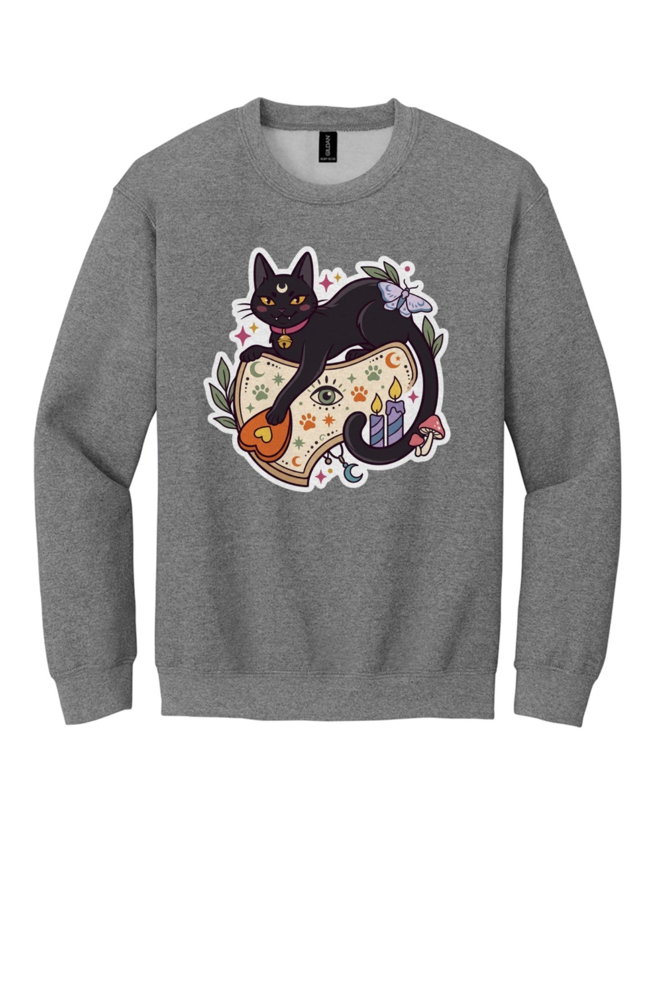 Black cat witch familiar ouija planchette Halloween crewneck sweatshirt with candles moth and moon in Graphite Heather