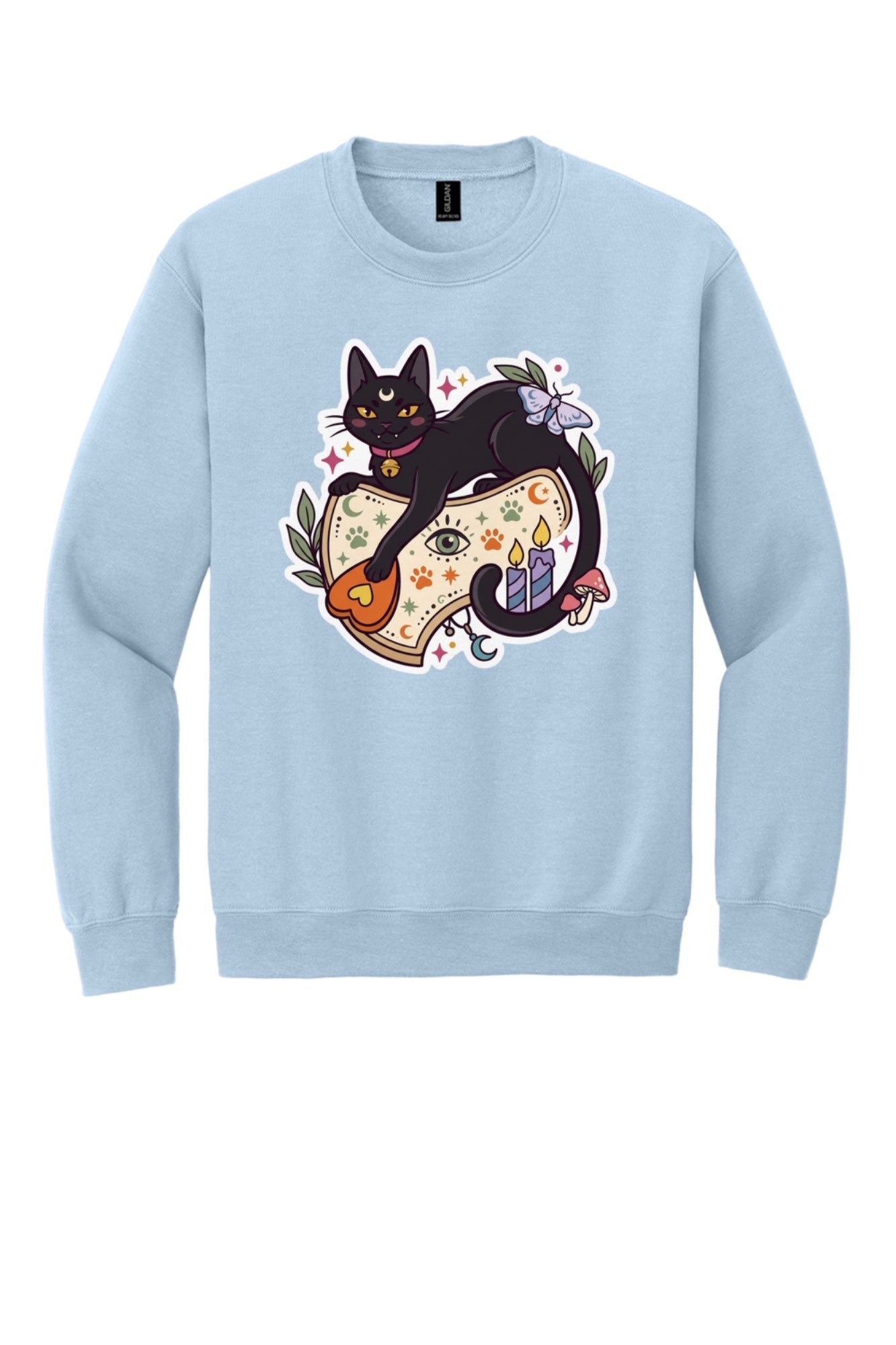 Black cat witch familiar ouija planchette Halloween crewneck sweatshirt with candles moth and moon in Light Blue