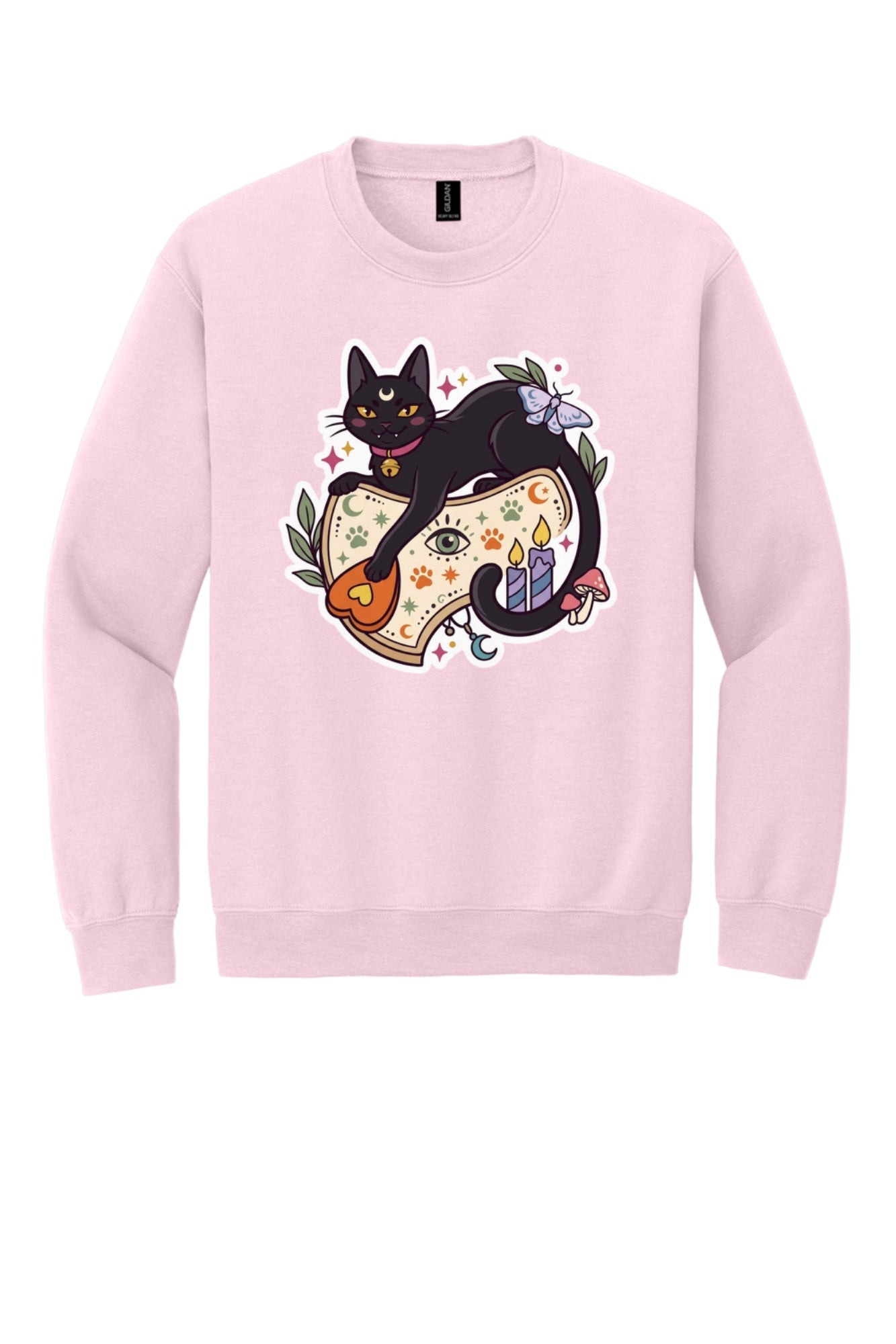 Black cat witch familiar ouija planchette Halloween crewneck sweatshirt with candles moth and moon in Light Pink