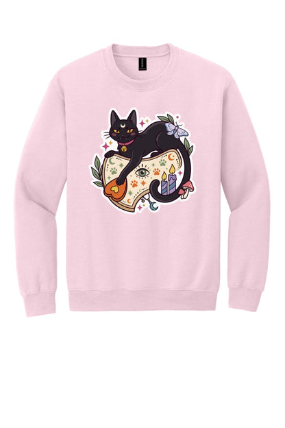 Black cat witch familiar ouija planchette Halloween crewneck sweatshirt with candles moth and moon in Light Pink