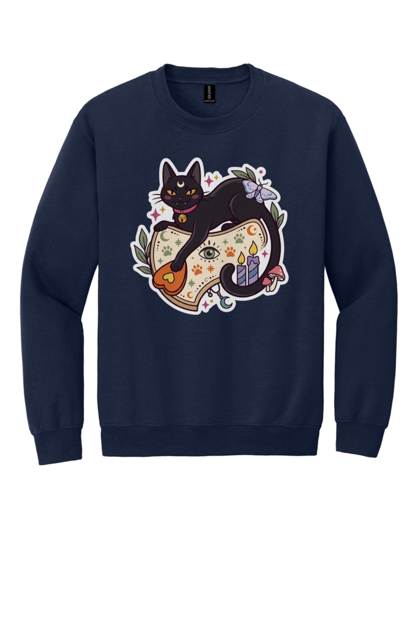Black cat witch familiar ouija planchette Halloween crewneck sweatshirt with candles moth and moon in Navy