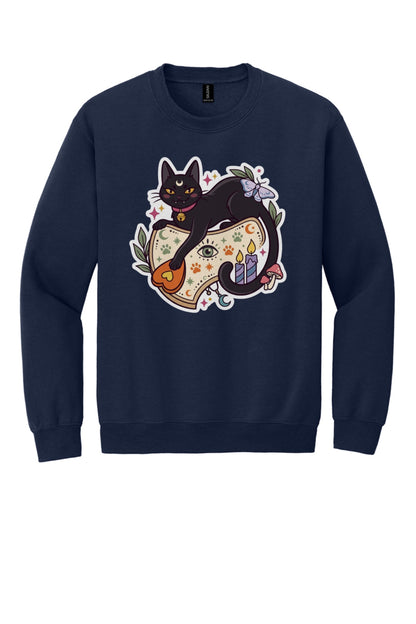 Black cat witch familiar ouija planchette Halloween crewneck sweatshirt with candles moth and moon in Navy