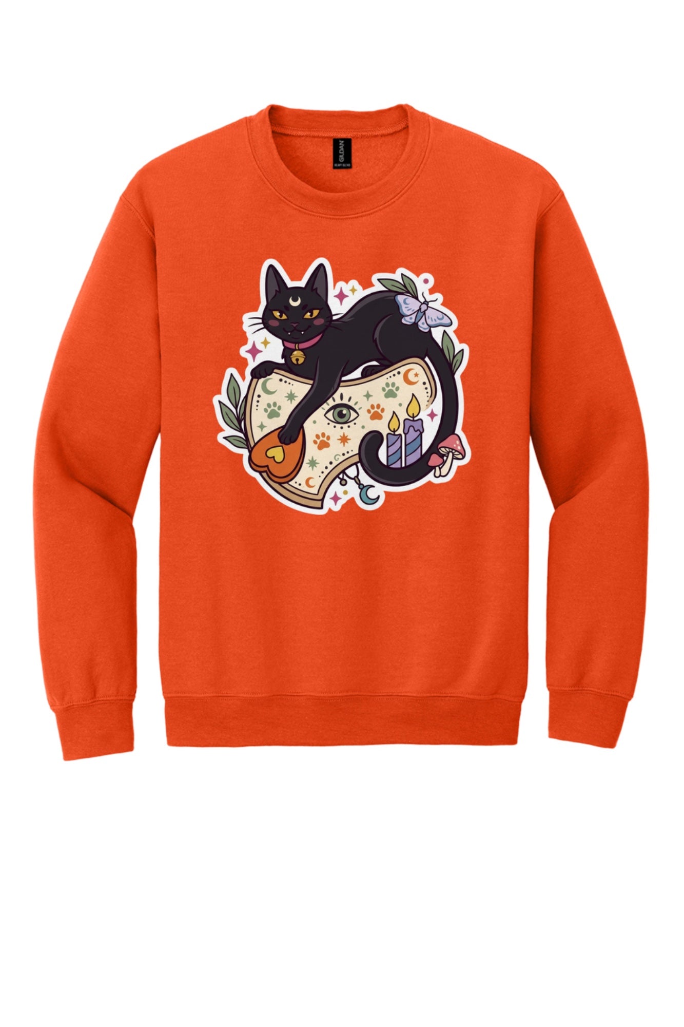 Black cat witch familiar ouija planchette Halloween crewneck sweatshirt with candles moth and moon in Orange