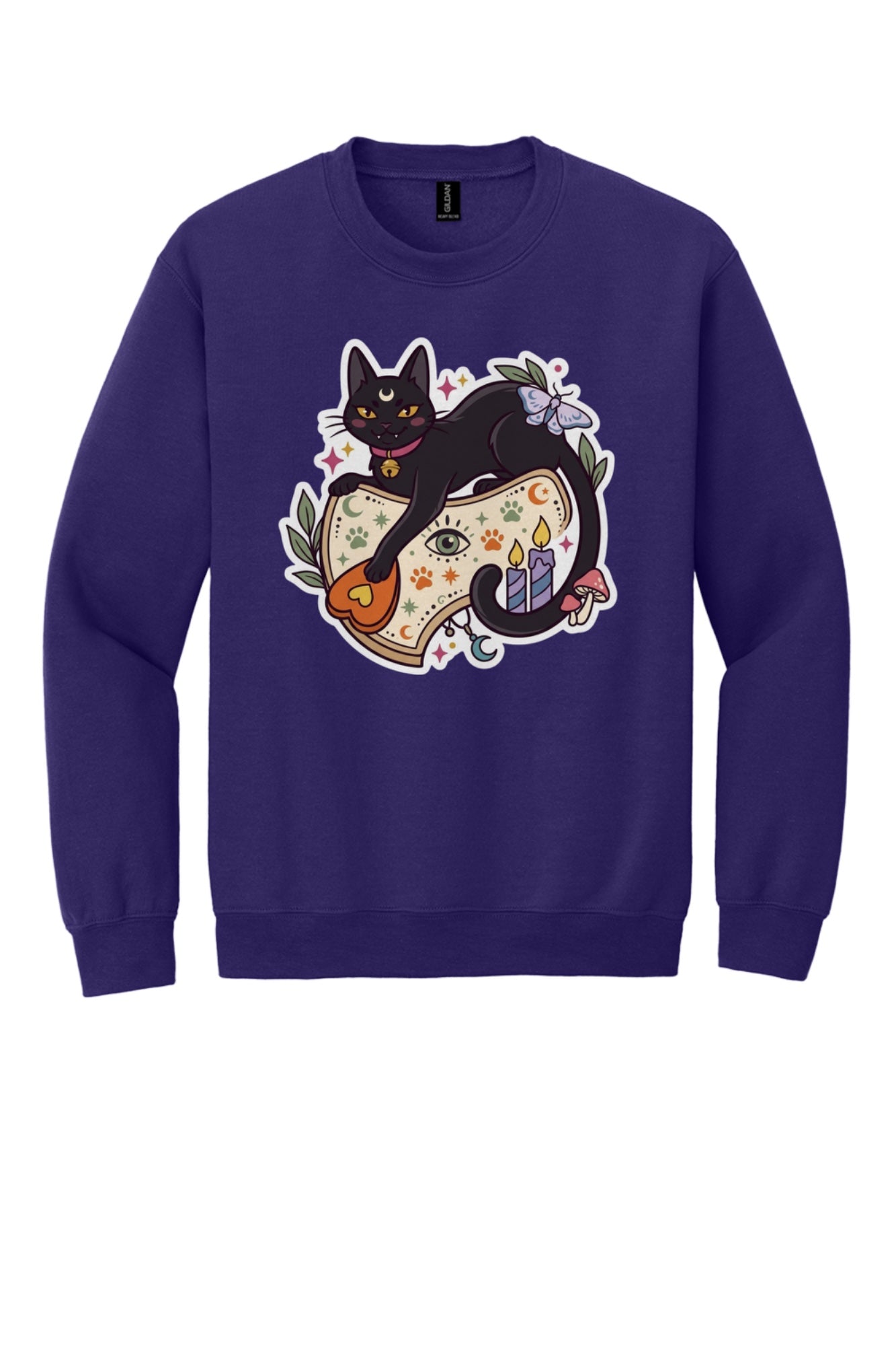 Black cat witch familiar ouija planchette Halloween crewneck sweatshirt with candles moth and moon in Purple