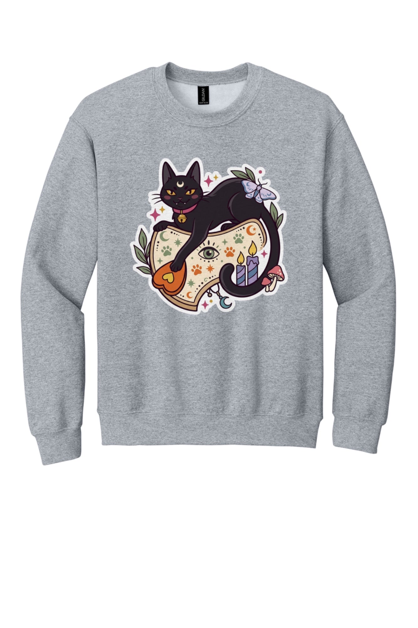 Black cat witch familiar ouija planchette Halloween crewneck sweatshirt with candles moth and moon in Sport Grey