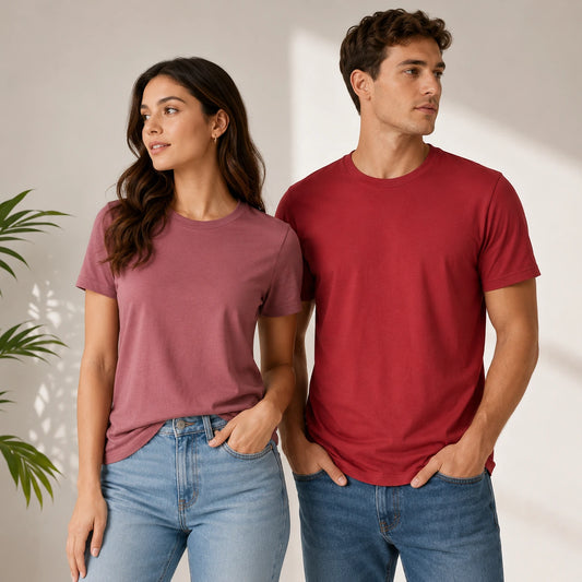 Blank BELLA+CANVAS 3001 unisex jersey T-shirts worn by male and female models in red and mauve for everyday wear, lifestyle outfits, resale, and custom printing