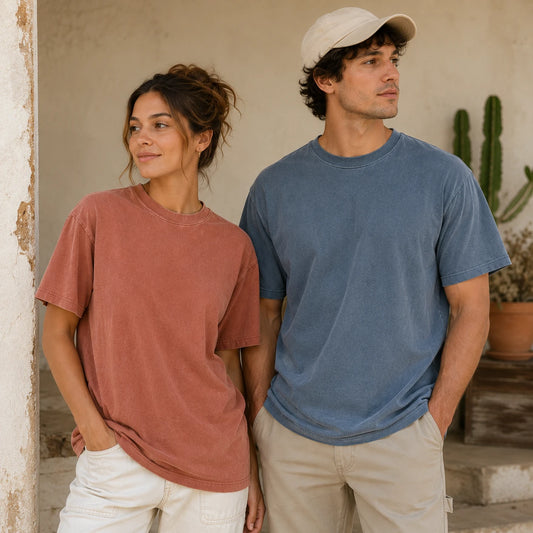Blank Comfort Colors 1717 heavyweight T-shirts worn by male and female models in garment-dyed terracotta and denim blue for relaxed everyday wear, vintage outfits, resale, and custom printing