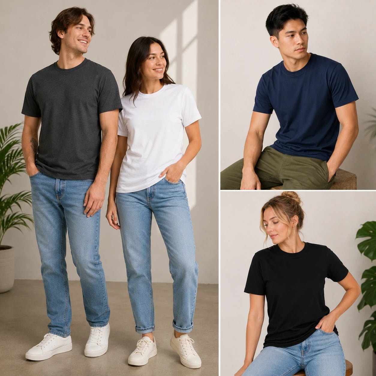 Blank Gildan 64000 Softstyle T-shirts shown on male and female models in multiple colors for everyday wear, casual outfits, resale, and custom printing
