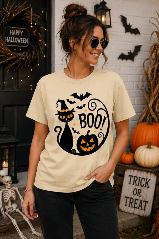 BOO! Black Cat Witch Hat Halloween Unisex Tee – Jack-o'-Lantern & Bats Graphic T-Shirt
