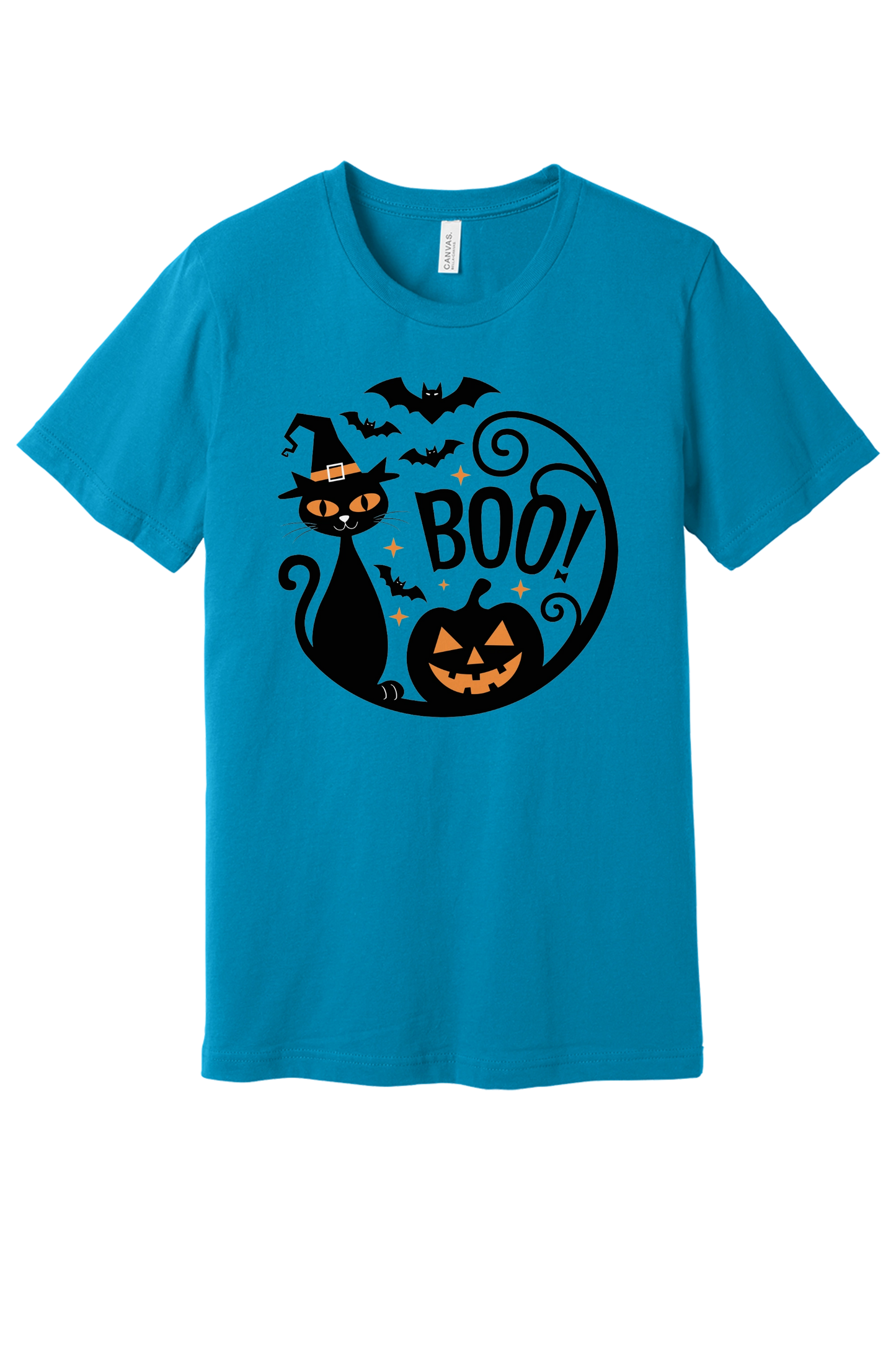 BOO! black cat witch hat halloween graphic tee with jack-o'-lantern and bats, BELLA+CANVAS 3001 unisex shirt in Bc3001 Electric Blue Flat Front