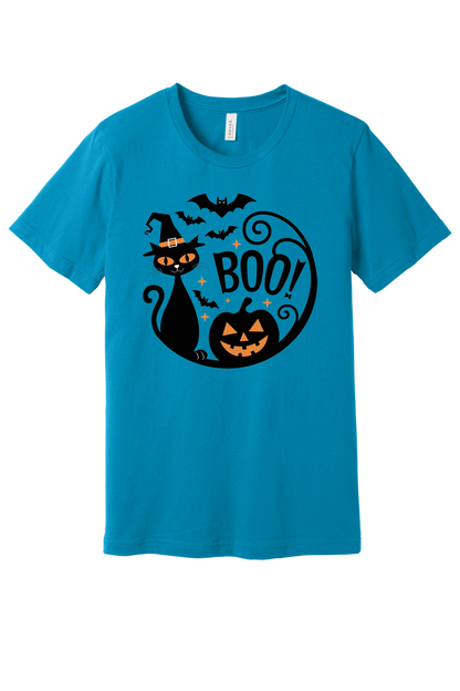 BOO! black cat witch hat halloween graphic tee with jack-o'-lantern and bats, BELLA+CANVAS 3001 unisex shirt in Bc3001 Electric Blue Flat Front