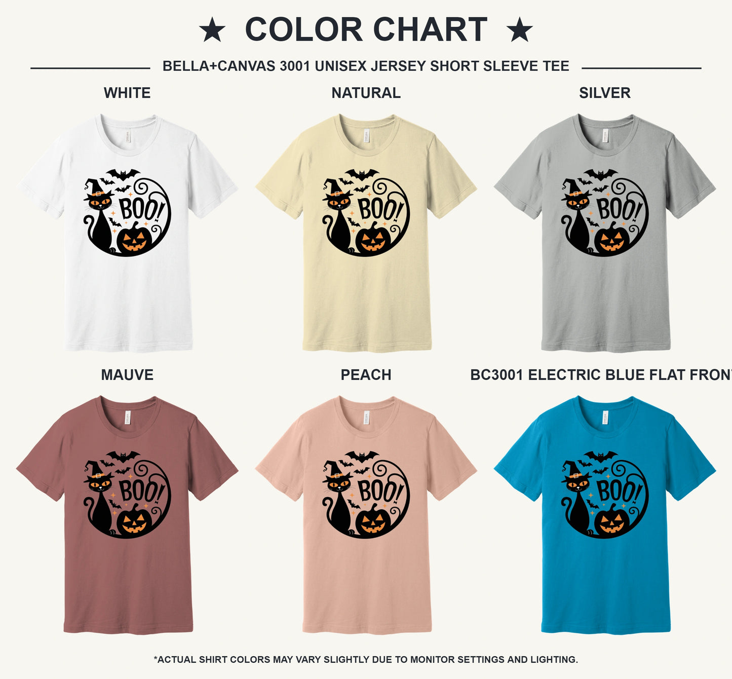 BOO! black cat witch hat halloween graphic tee with jack-o'-lantern and bats, BELLA+CANVAS 3001 unisex shirt - available shirt colors chart