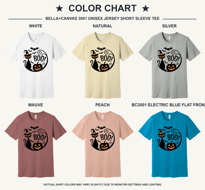 BOO! black cat witch hat halloween graphic tee with jack-o'-lantern and bats, BELLA+CANVAS 3001 unisex shirt - available shirt colors chart