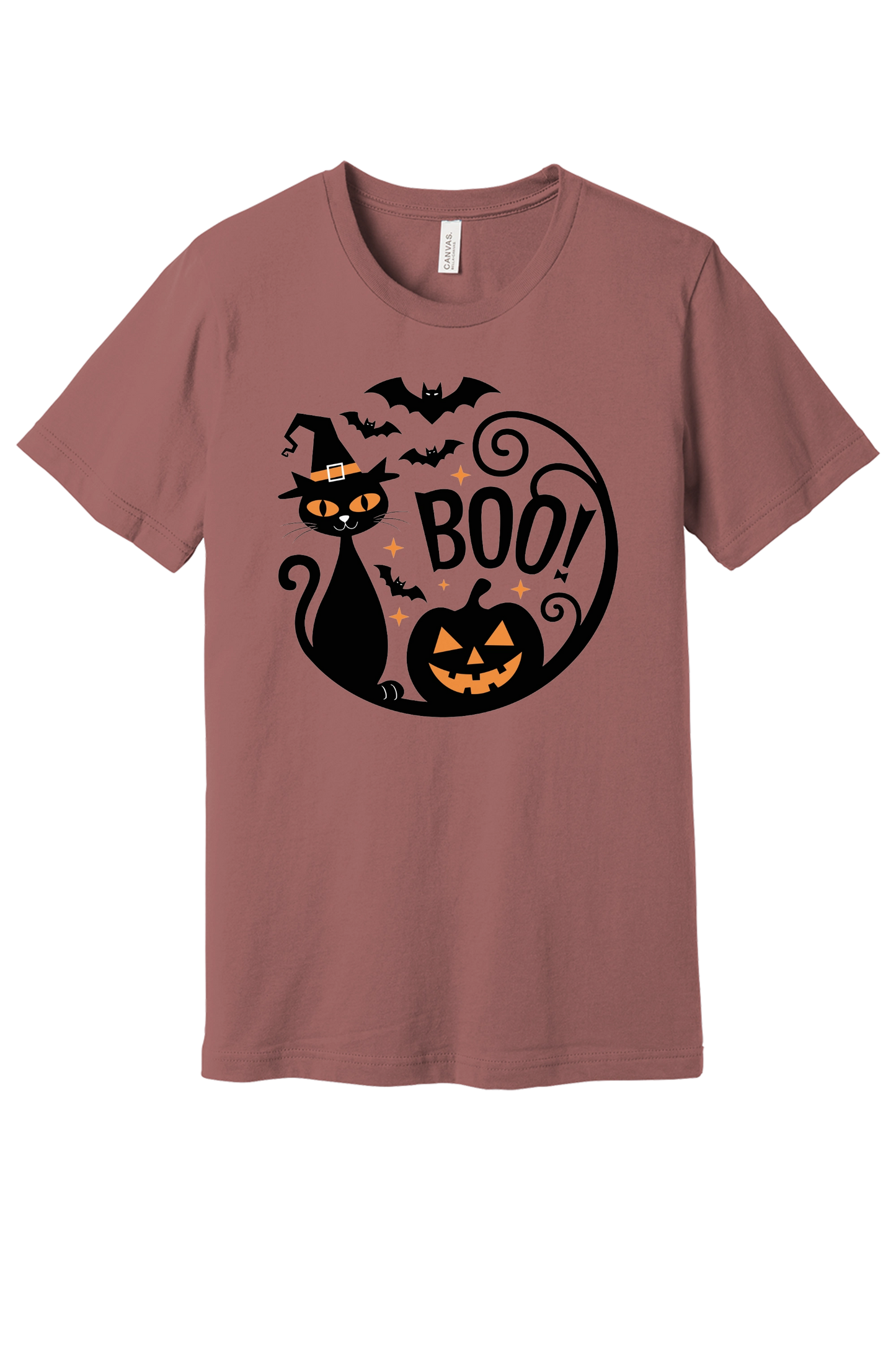 BOO! black cat witch hat halloween graphic tee with jack-o'-lantern and bats, BELLA+CANVAS 3001 unisex shirt in Mauve