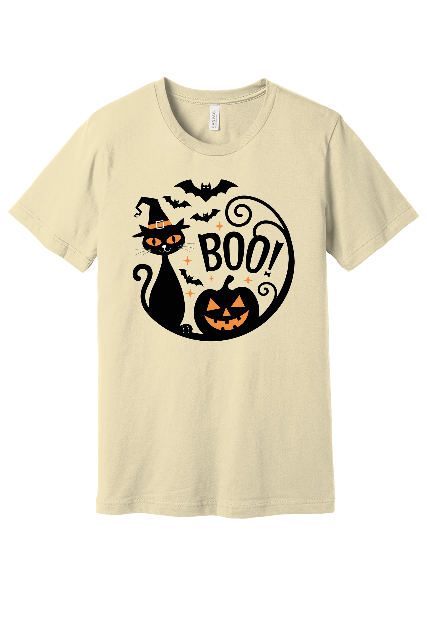 BOO! black cat witch hat halloween graphic tee with jack-o'-lantern and bats, BELLA+CANVAS 3001 unisex shirt in Natural
