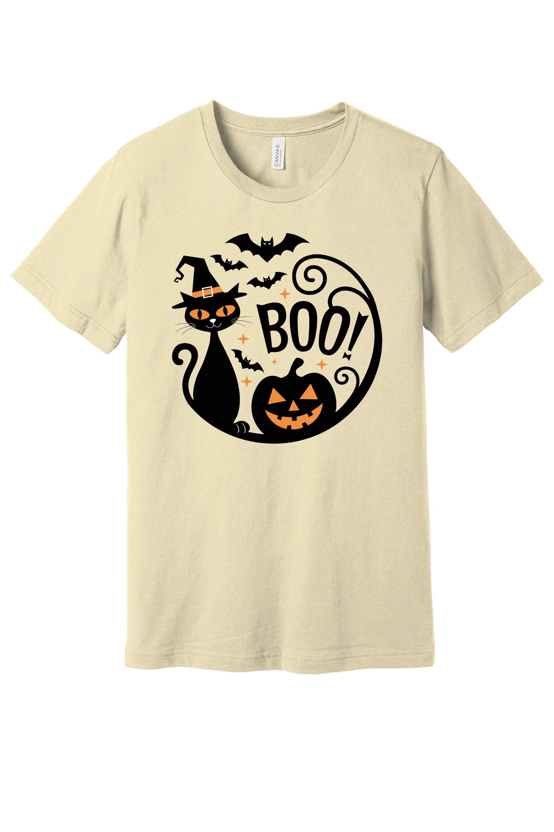 BOO! black cat witch hat halloween graphic tee with jack-o'-lantern and bats, BELLA+CANVAS 3001 unisex shirt in Natural