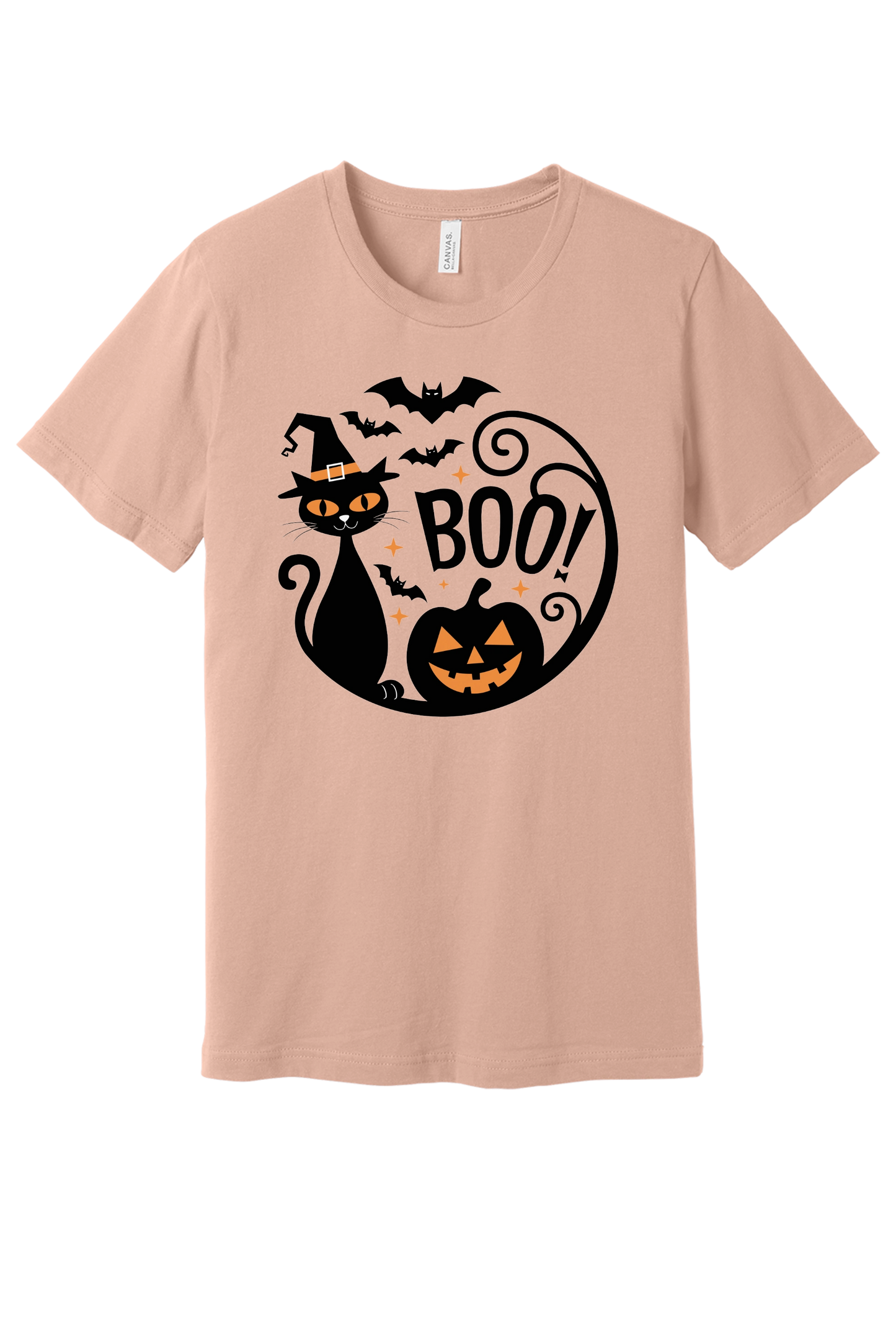 BOO! black cat witch hat halloween graphic tee with jack-o'-lantern and bats, BELLA+CANVAS 3001 unisex shirt in Peach