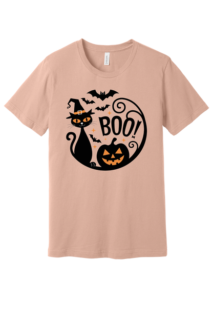 BOO! black cat witch hat halloween graphic tee with jack-o'-lantern and bats, BELLA+CANVAS 3001 unisex shirt in Peach