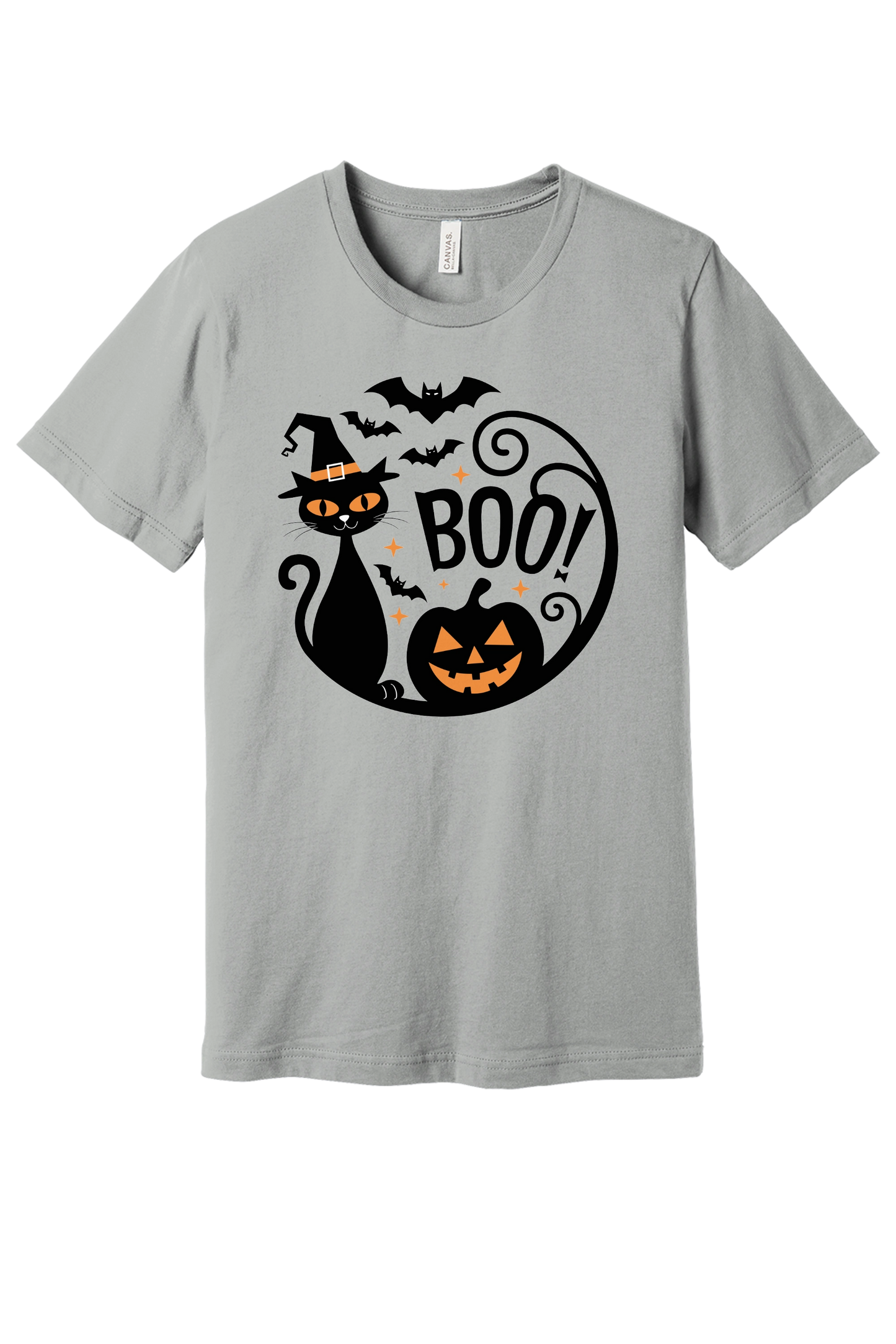 BOO! black cat witch hat halloween graphic tee with jack-o'-lantern and bats, BELLA+CANVAS 3001 unisex shirt in Silver