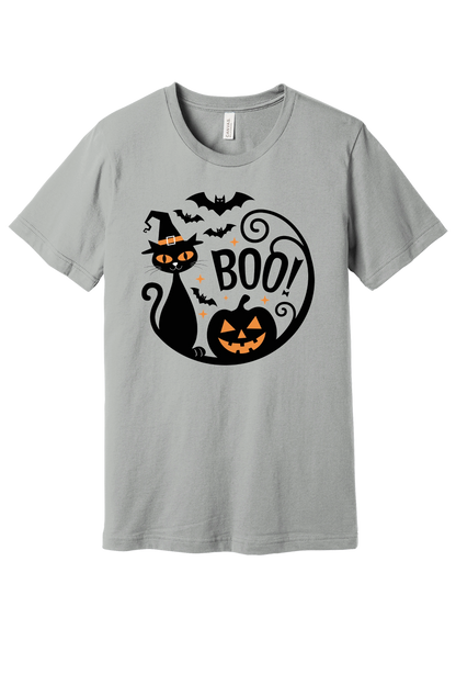 BOO! black cat witch hat halloween graphic tee with jack-o'-lantern and bats, BELLA+CANVAS 3001 unisex shirt in Silver