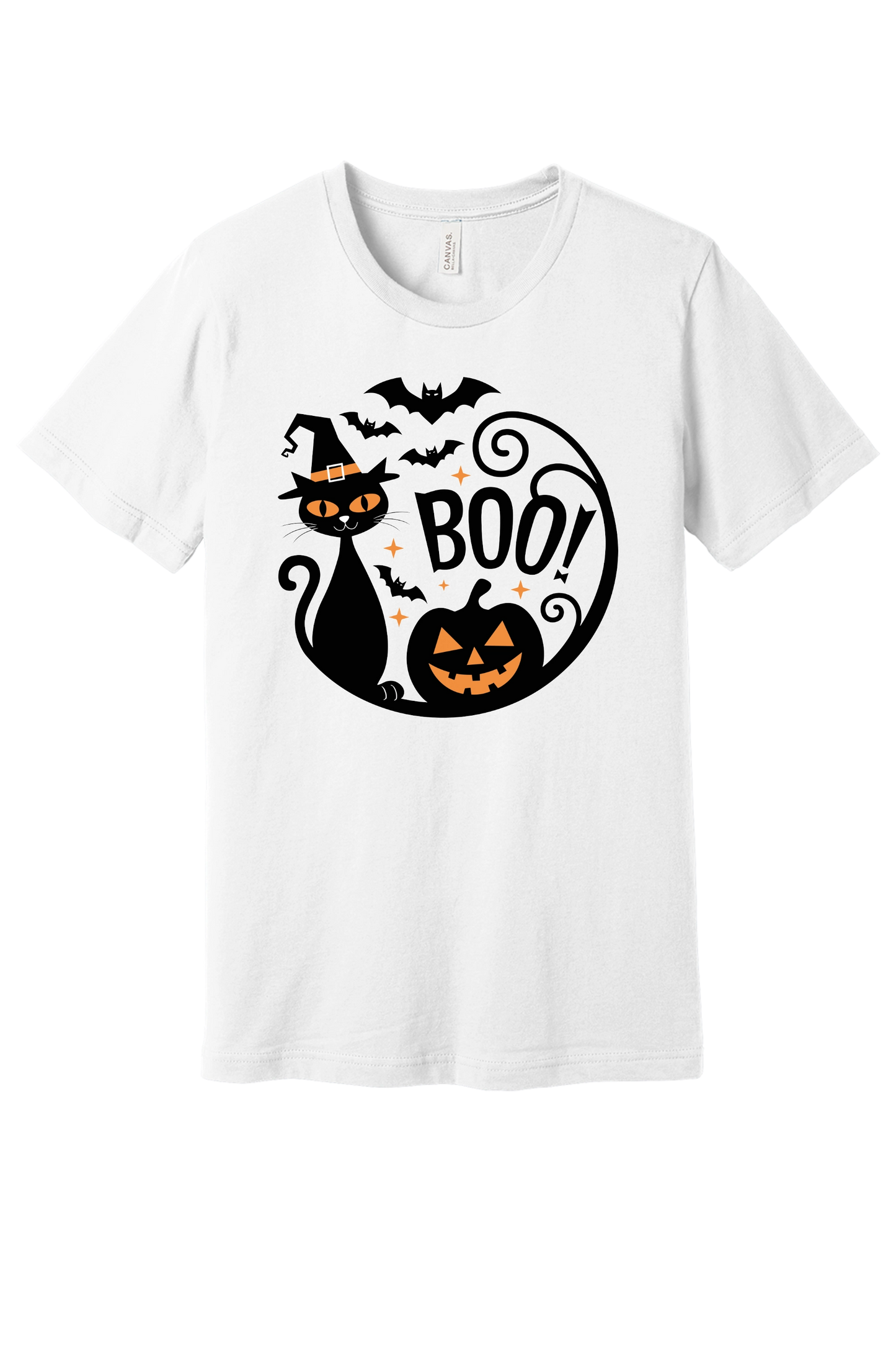BOO! black cat witch hat halloween graphic tee with jack-o'-lantern and bats, BELLA+CANVAS 3001 unisex shirt in White