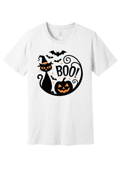 BOO! black cat witch hat halloween graphic tee with jack-o'-lantern and bats, BELLA+CANVAS 3001 unisex shirt in White