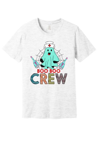 Boo Boo Crew Halloween nurse ghost graphic tee printed on BELLA+CANVAS 3001 unisex short sleeve shirt in Ash
