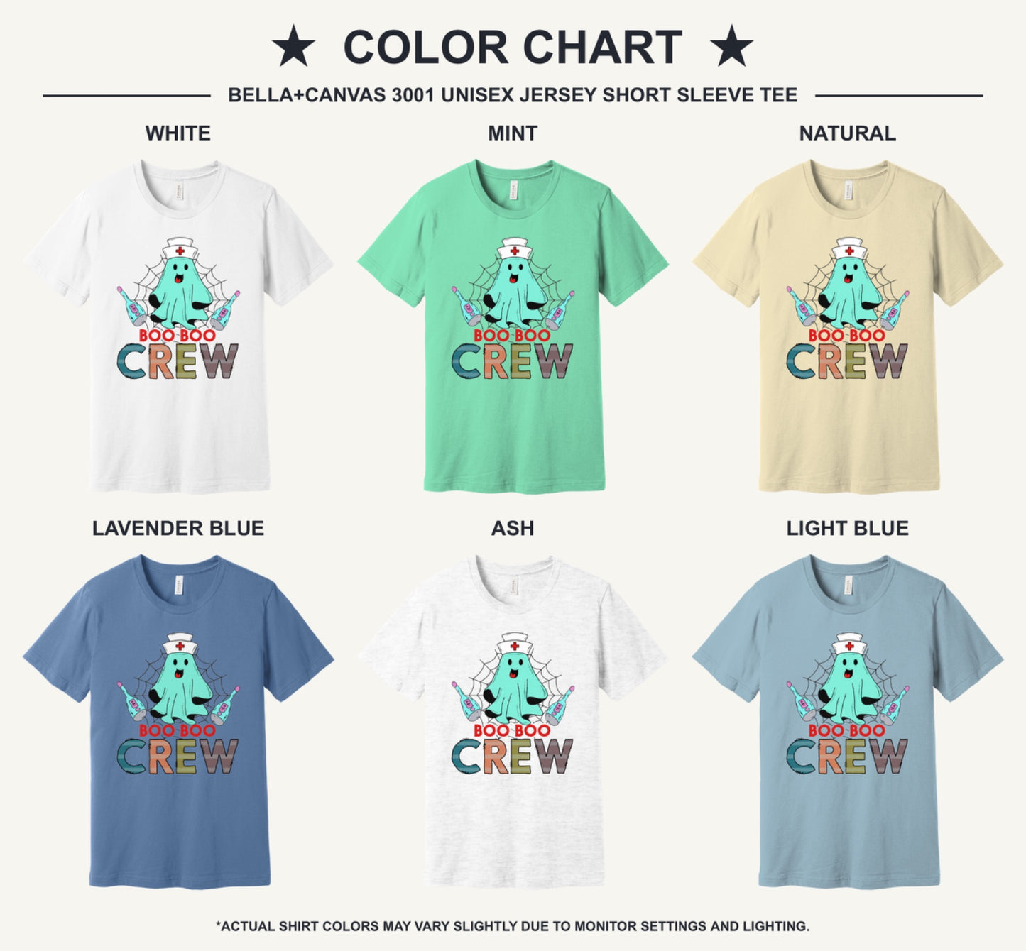 Boo Boo Crew Halloween nurse ghost graphic tee printed on BELLA+CANVAS 3001 unisex short sleeve shirt - available shirt colors chart
