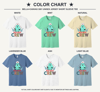 Boo Boo Crew Halloween nurse ghost graphic tee printed on BELLA+CANVAS 3001 unisex short sleeve shirt - available shirt colors chart