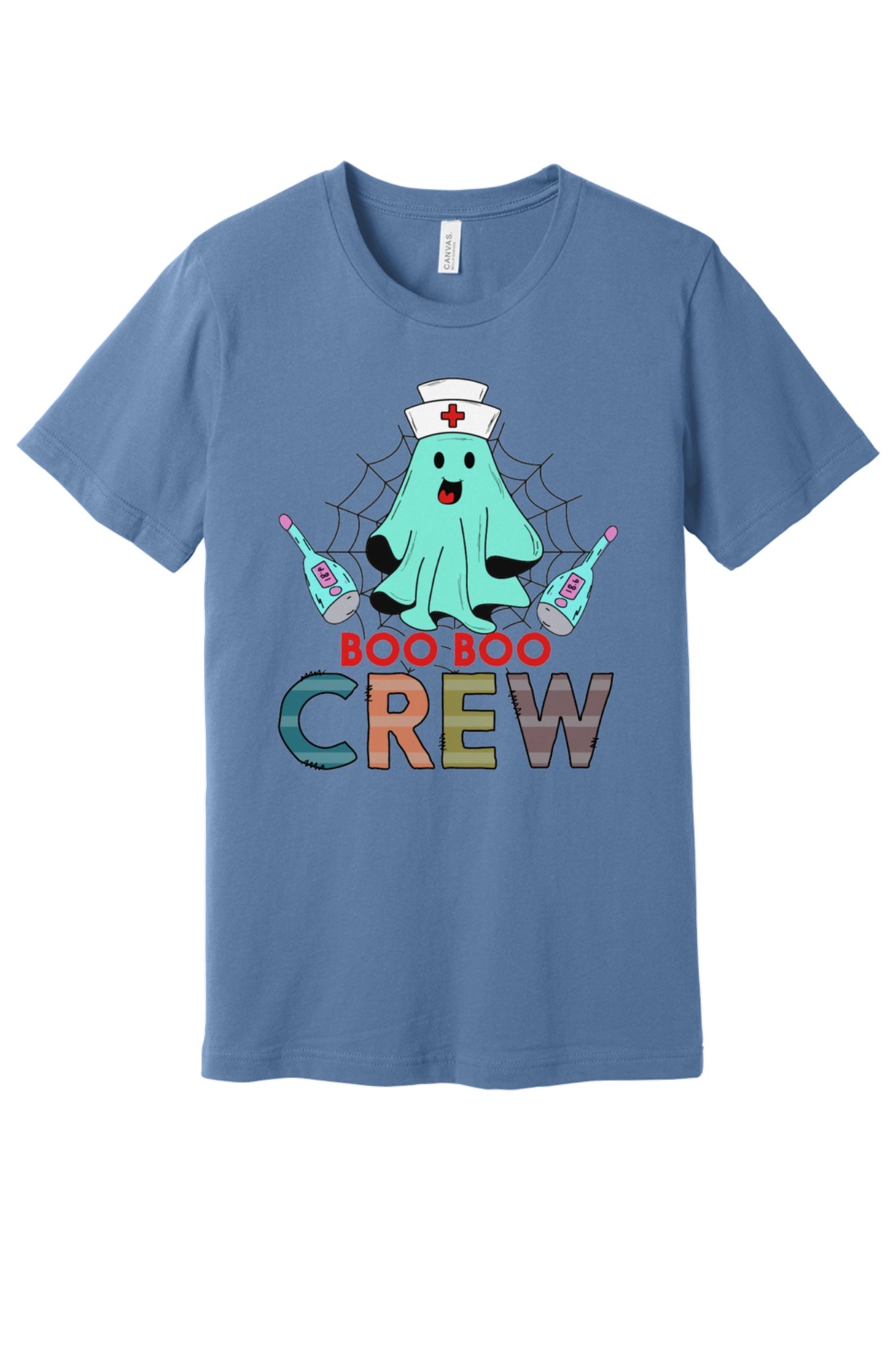 Boo Boo Crew Halloween nurse ghost graphic tee printed on BELLA+CANVAS 3001 unisex short sleeve shirt in Lavender Blue