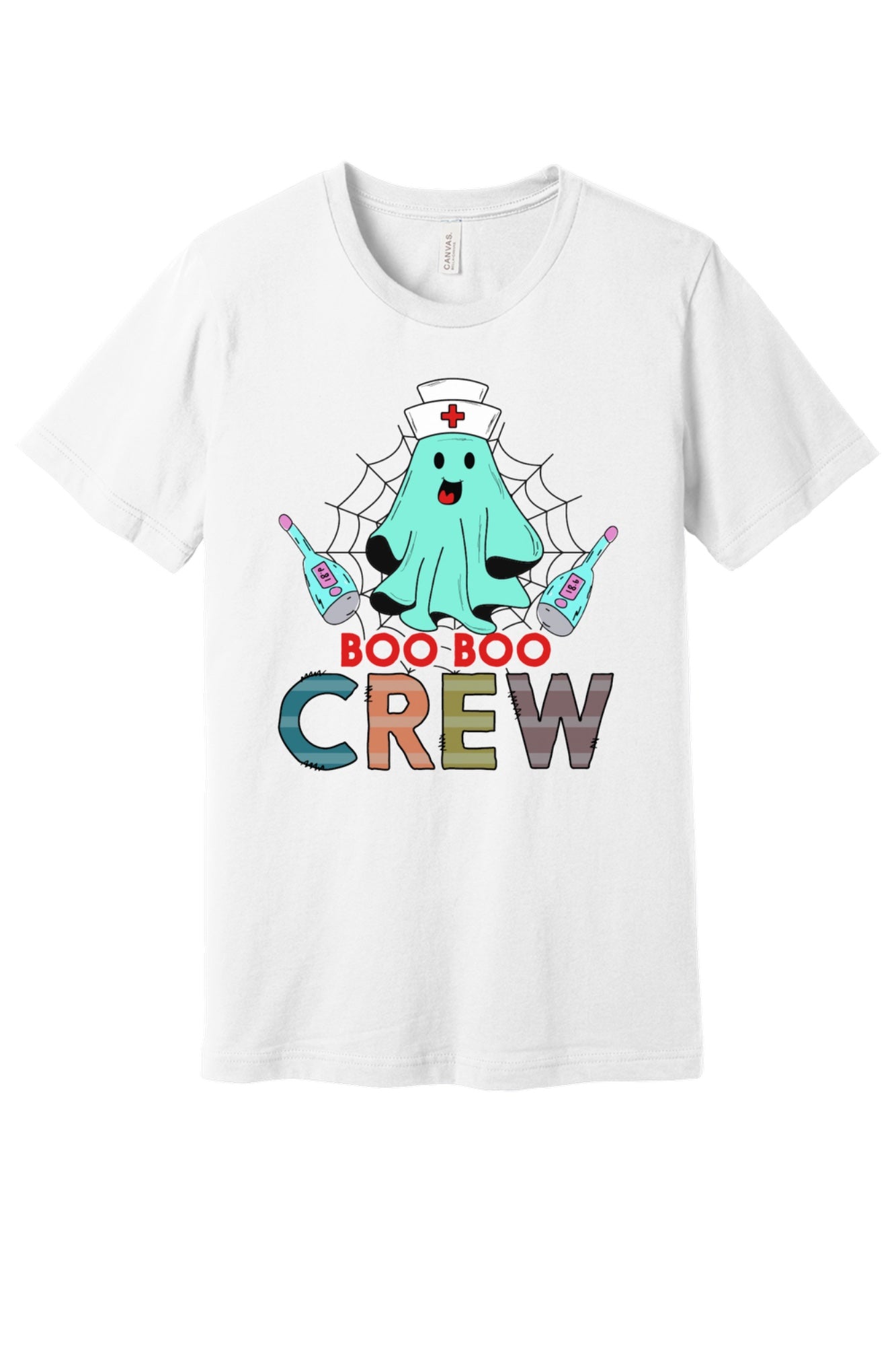Boo Boo Crew Halloween nurse ghost graphic tee printed on BELLA+CANVAS 3001 unisex short sleeve shirt in White