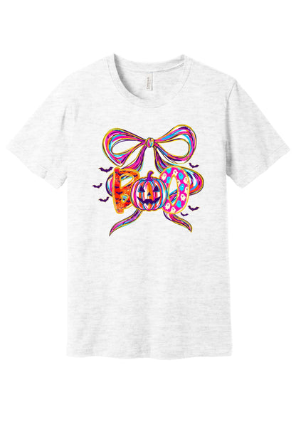 BOO Halloween graphic unisex tee with jack-o'-lantern, ghosts, bats and ribbon bow – BELLA+CANVAS 3001 in Ash