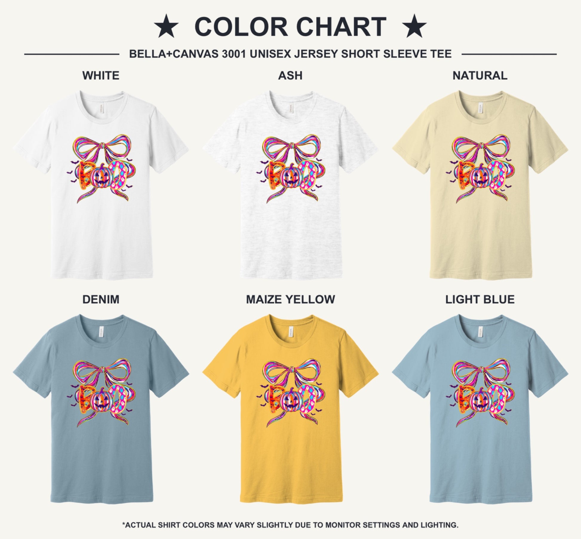BOO Halloween graphic unisex tee with jack-o'-lantern, ghosts, bats and ribbon bow – BELLA+CANVAS 3001 - available shirt colors chart