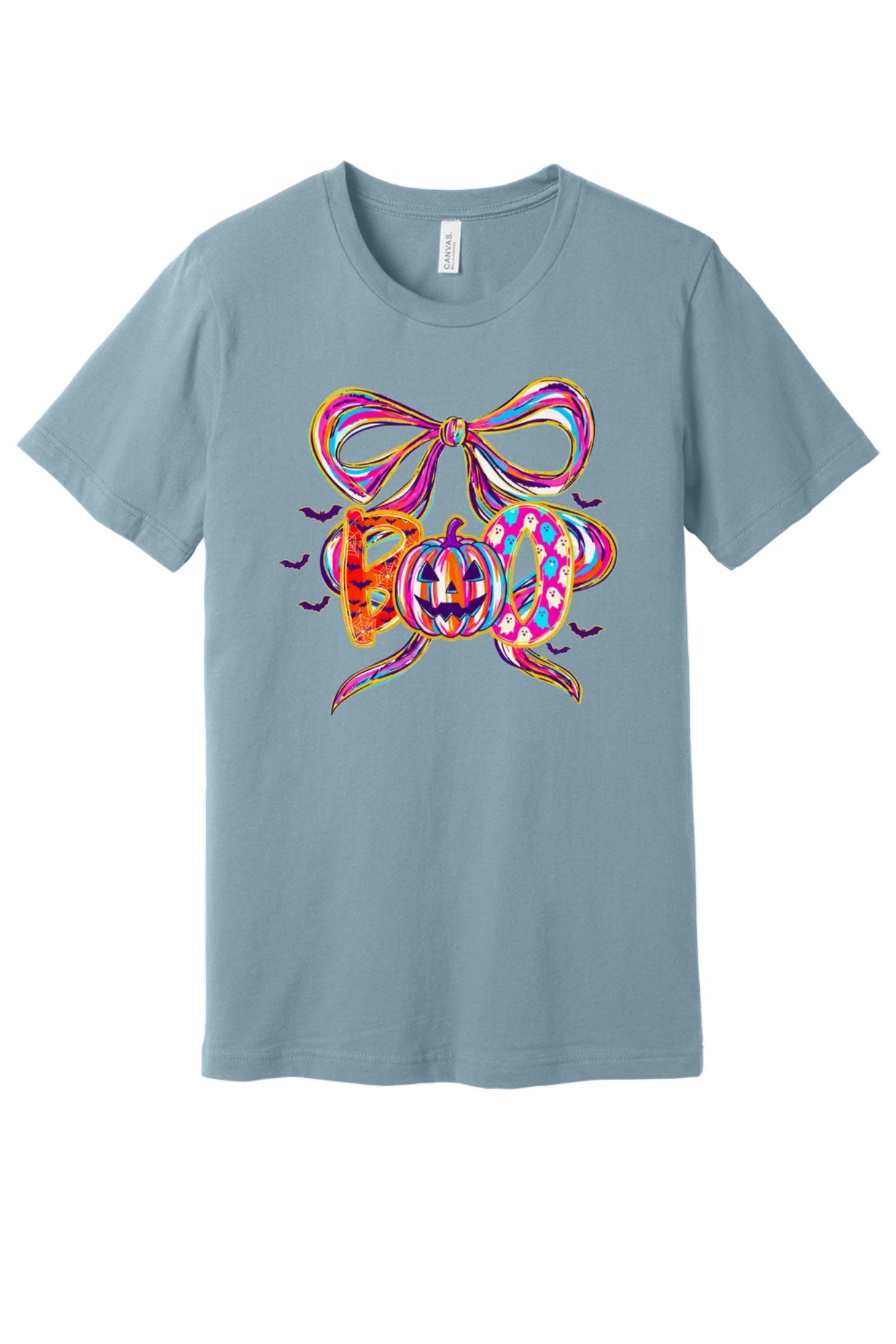 BOO Halloween graphic unisex tee with jack-o'-lantern, ghosts, bats and ribbon bow – BELLA+CANVAS 3001 in Denim